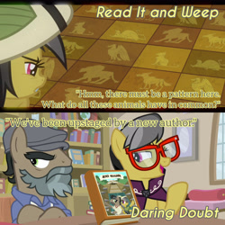 Size: 3072x3072 | Tagged: safe, edit, edited screencap, editor:itsmgh1203, imported from derpibooru, screencap, daring do, doctor caballeron, earth pony, pegasus, pony, daring doubt, read it and weep, season 2, season 9, spoiler:s09, book, bookshelf, crossed hooves, duo, duo male and female, female, glasses, male, mare, open mouth, open smile, smiling, stallion, text