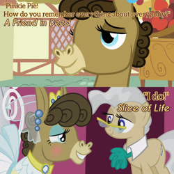 Size: 3072x3072 | Tagged: safe, edit, edited screencap, editor:itsmgh1203, imported from derpibooru, screencap, matilda, mayor mare, donkey, earth pony, pony, a friend in deed, season 2, season 5, slice of life (episode), clothes, crying, dress, duo, duo female, female, ponyville town hall, smiling, tears of joy, text