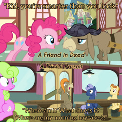 Size: 3072x3072 | Tagged: safe, edit, edited screencap, editor:itsmgh1203, imported from derpibooru, screencap, cranky doodle donkey, daisy, flower wishes, golden crust, pinkie pie, donkey, earth pony, pony, unicorn, a friend in deed, a trivial pursuit, season 2, season 9, spoiler:s09, female, friendship student, male, mare, midnight snack (g4), open mouth, open smile, smiling, stallion, text