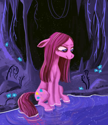 Size: 1088x1265 | Tagged: safe, artist:necromarecy, imported from derpibooru, pinkie pie, earth pony, pony, cave, heart, heart eyes, mirror pool, pinkamena diane pie, sad, solo, wingding eyes