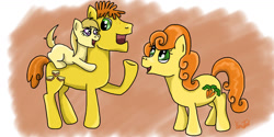 Size: 1263x633 | Tagged: safe, artist:kartaltheartist, imported from derpibooru, carrot cake, carrot top, golden harvest, noi, earth pony, pony, 2017, blank flank, female, filly, foal, freckles, male, mare, ponies riding ponies, riding, riding a pony, signature, stallion, trio, uncle and niece