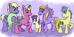 Size: 698x350 | Tagged: safe, artist:kartaltheartist, imported from derpibooru, alula, apple stars, cloud kicker, goldengrape, pluto, princess erroria, sir colton vines iii, stormfeather, earth pony, pegasus, unicorn, 2016, blank flank, brother and sister, family, father and child, father and daughter, father and son, female, filly, foal, headcanon, like father like daughter, like father like son, like mother like daughter, like mother like son, like parent like child, male, mare, mother and child, mother and daughter, mother and son, siblings, sisters, stallion, wings