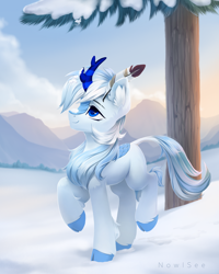 Size: 2000x2500 | Tagged: safe, artist:inowiseei, imported from derpibooru, oc, oc only, oc:code quill, kirin, cloven hooves, cute, eyebrows, feather, feather in hair, high res, kirin oc, leg fluff, leonine tail, looking up, male, ocbetes, quill, raised hoof, signature, smiling, snow, solo, stallion, standing on two hooves, tail, tree, tree trunk