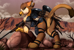 Size: 3284x2244 | Tagged: safe, artist:pridark, imported from derpibooru, oc, oc only, griffon, armor, butt, clothes, commission, eared griffon, female, griffon oc, gun, high res, looking back, military uniform, open mouth, plot, presenting, rifle, rock, scenery, sniper rifle, solo, uniform, weapon