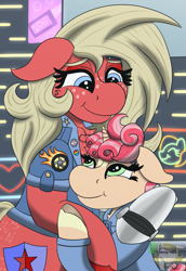 Size: 671x976 | Tagged: safe, artist:gray star, imported from derpibooru, oc, oc only, oc:rosy thorns, oc:scarlet star, cyborg, earth pony, pony, butt freckles, chest fluff, clothes, cyberpunk, ear fluff, ear piercing, female, fluffy, freckles, glasses, mare, nighthaze, piercing, trans female, transgender, transgender oc