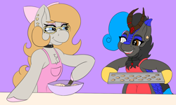 Size: 1600x957 | Tagged: safe, artist:gray star, imported from derpibooru, oc, oc:gray star, oc:heccin pepperino, earth pony, kirin, apron, baking, bow, clothes, cookie, female, food, freckles, glasses, hair bow, oven mitts