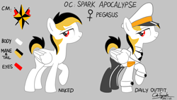 Size: 3000x1700 | Tagged: safe, artist:cdrspark, imported from derpibooru, oc, oc only, oc:spark apocalypse, pegasus, pony, cap, clothes, female, hat, military uniform, reference sheet, rubber boots, short tail, solo, tail, uniform