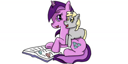 Size: 1263x633 | Tagged: safe, artist:kartaltheartist, imported from derpibooru, amethyst star, dinky hooves, sparkler, pony, unicorn, 2016, blank flank, book, cute, duo, duo female, female, filly, foal, gem, lying down, lying on top of someone, mare, siblings, simple background, sisters, white background
