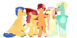 Size: 1280x640 | Tagged: safe, artist:itstechtock, imported from derpibooru, flash magnus, flash sentry, fluttershy, sunny delivery, zephyr breeze, pegasus, pony, brother and sister, female, half-siblings, male, mare, race swap, siblings, simple background, stallion, white background