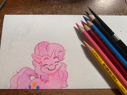 Size: 4032x3024 | Tagged: safe, artist:lost marbles, artist:oxfordinaryart, imported from derpibooru, pinkie pie, earth pony, pony, colored pencils, paintbrush, solo, traditional art, watercolor painting