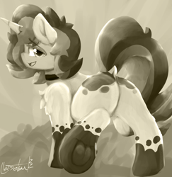 Size: 889x915 | Tagged: safe, artist:llametsul, imported from derpibooru, oc, oc:creme cookie, pony, unicorn, butt, chest fluff, female, frog (hoof), looking at you, looking back, looking back at you, mare, monochrome, plot, raised hoof, raised tail, sketch, solo, tail, underhoof