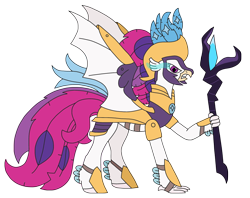 Size: 3032x2400 | Tagged: safe, artist:supahdonarudo, imported from derpibooru, queen novo, classical hippogriff, hippogriff, series:novoember, my little pony: the movie, armor, bat wings, chaos novo, gameloft, implied storm king, my little pony: magic princess, possessed, simple background, staff, staff of sacanas, transparent background, wings
