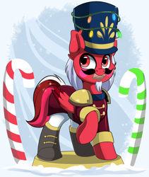 Size: 1658x1961 | Tagged: safe, artist:joaothejohn, imported from derpibooru, oc, oc only, oc:flamebrush, pegasus, pony, candy, candy cane, christmas, christmas lights, clothes, cute, food, hat, holiday, looking up, nutcracker, pegasus oc, simple background, snow, snowfall, wings