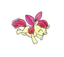 Size: 612x548 | Tagged: safe, artist:mompuchi, imported from derpibooru, apple bloom, earth pony, pony, eyes closed, female, filly, foal, jumping, open mouth, simple background, solo, white background