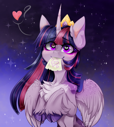 Size: 900x1000 | Tagged: safe, artist:carrion1750, imported from derpibooru, twilight sparkle, alicorn, pony, alternate design, belly button, chest fluff, cloven hooves, crown, curved horn, cute, ear fluff, eyeliner, female, fluffy, heart, heart eyes, horn, implied princess celestia, jewelry, leg fluff, lesbian, letter, love letter, makeup, mouth hold, paper, partially open wings, question mark, raised hooves, regalia, shipping, skinny, stars, thin, twiabetes, twilestia, twilight sparkle (alicorn), unshorn fetlocks, wing fluff, wingding eyes, wings