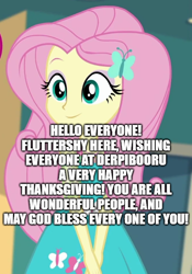 Size: 500x715 | Tagged: safe, edit, edited screencap, imported from derpibooru, screencap, fluttershy, human, equestria girls, equestria girls series, female, holiday, text, thanksgiving, wholesome