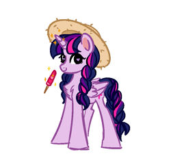 Size: 777x748 | Tagged: safe, artist:vetta, imported from derpibooru, twilight sparkle, alicorn, pony, alternate hairstyle, braid, braided tail, chest fluff, food, hat, heart, heart eyes, ice cream, simple background, solo, straw hat, tail, twilight sparkle (alicorn), white background, wingding eyes