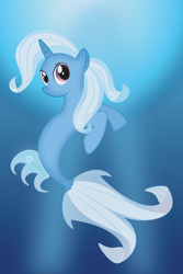 Size: 1200x1800 | Tagged: safe, artist:prixy05, imported from derpibooru, trixie, pony, seapony (g4), unicorn, blue mane, crepuscular rays, cute, digital art, dorsal fin, female, fish tail, flowing mane, flowing tail, horn, looking at you, mare, ocean, pink eyes, seaponified, seapony trixie, smiling, smiling at you, solo, species swap, sunlight, swimming, tail, underwater, water