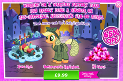 Size: 1962x1297 | Tagged: safe, imported from derpibooru, applejack, earth pony, pony, advertisement, alternate hairstyle, alternate timeline, applecalypsejack, apron, camouflage, clothes, costs real money, crystal empire, crystal war timeline, english, female, gameloft, gem, hair net, hat, mare, my little pony: magic princess, numbers, official, sale, solo, solo focus, sombraverse, stain, text, water bottle, weights