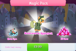 Size: 1264x853 | Tagged: safe, imported from derpibooru, applejack, earth pony, pony, alternate hairstyle, alternate timeline, applecalypsejack, apron, bundle, camouflage, clothes, costs real money, crystal empire, crystal war timeline, english, female, gameloft, gem, hair net, hat, mare, my little pony: magic princess, numbers, official, sale, solo, solo focus, sombraverse, stain, text, water bottle, weights