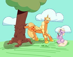 Size: 5024x3918 | Tagged: safe, artist:applephil, imported from derpibooru, applejack, grace manewitz, alicorn, earth pony, pony, absurd resolution, alicornified, applebucking, applecorn, clipboard, crown, duo, female, glasses, hoof hold, hoof shoes, jewelry, mare, princess shoes, race swap, regalia, tree