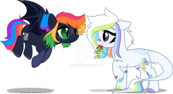 Size: 1280x696 | Tagged: safe, artist:mint-light, artist:slimstrider, artist:tiredhorsestudios, imported from derpibooru, oc, oc only, bat pony, earth pony, pony, bandaid, base used, deviantart watermark, duo, female, mare, mistletoe, mouth hold, multicolored hair, obtrusive watermark, rainbow hair, simple background, transparent background, watermark