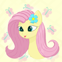 Size: 3219x3219 | Tagged: safe, artist:fa11en, derpibooru exclusive, imported from derpibooru, fluttershy, butterfly, pony, bust, chest fluff, female, flower, flower in hair, high res, smiling, solo, three quarter view, tongue out