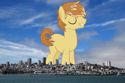 Size: 2048x1365 | Tagged: safe, artist:hendro107, artist:jaredking779, imported from derpibooru, feather bangs, earth pony, pony, california, eyes closed, giant pony, giant/macro earth pony, highrise ponies, macro, male, mega giant, san francisco, smiling, solo, stallion