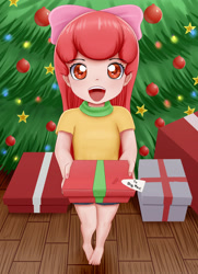 Size: 2480x3425 | Tagged: safe, artist:focusb, imported from twibooru, apple bloom, human, barefoot, christmas, christmas tree, clothes, feet, holiday, humanized, image, implied big macintosh, implied incest, implied shipping, needs more jpeg, present, shirt, solo, t-shirt, tree