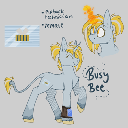 Size: 1000x1000 | Tagged: safe, artist:molars, edit, imported from twibooru, oc, oc only, oc:busy bee, pony, unicorn, fallout equestria, blaze (coat marking), doodle, female, gray background, image, leonine tail, magic, mare, pipbuck, png, reference sheet, simple background, solo, unshorn fetlocks
