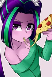 Size: 1500x2200 | Tagged: safe, artist:nekojackun, imported from derpibooru, aria blaze, equestria girls, breasts, cleavage, clothes, eating, food, pigtails, pizza, sweater