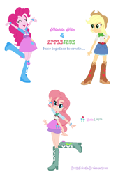 Size: 842x1246 | Tagged: safe, artist:prettycelestia, imported from twibooru, applejack, pinkie pie, boots, bow, bracelet, clothes, double skirt, fusion, high heel boots, image, jewelry, png, shoes