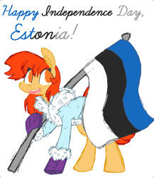 Size: 552x635 | Tagged: safe, artist:artflicker, imported from derpibooru, oc, oc only, oc:flicker split, earth pony, pony, boots, clothes, earth pony oc, estonia, female, flag, holding a flag, independence day, jacket, looking at you, mare, national flag, no pupils, open mouth, open smile, shoes, simple background, smiling, smiling at you, solo, standing, white background, winter jacket, winter outfit