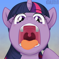 Size: 1200x1200 | Tagged: safe, artist:gum-k, imported from derpibooru, part of a set, twilight sparkle, pony, unicorn, confused, esophagus, imminent vore, mawshot, open mouth, oral invitation, purple eyes, raised eyebrow, slimy, solo, taste buds, tongue out, twipred, uvula