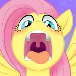 Size: 1200x1200 | Tagged: safe, artist:gum-k, imported from derpibooru, part of a set, fluttershy, pegasus, pony, blushing, esophagus, flutterpred, mawshot, open mouth, oral invitation, pink hair, slimy, solo, taste buds, tongue out, uvula