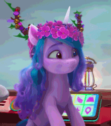 Size: 565x640 | Tagged: safe, imported from derpibooru, screencap, izzy moonbow, zipp storm, pony, unicorn, spoiler:g5, spoiler:winter wishday, animated, cropped, cute, excited, female, floppy ears, floral head wreath, flower, g5, gif, i watch it for the ears, izzybetes, mare, my little pony: make your mark, my little pony: make your mark chapter 3, offscreen character, smiling, solo focus, winter wishday