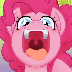 Size: 1200x1200 | Tagged: safe, artist:gum-k, imported from derpibooru, part of a set, pinkie pie, earth pony, pony, blue eyes, blushing, esophagus, mawshot, open mouth, open smile, oral invitation, pinkie pred, pointing, slimy, smiling, solo, taste buds, tongue out, uvula