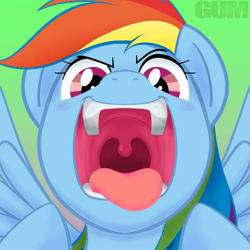 Size: 1200x1200 | Tagged: safe, artist:gum-k, imported from derpibooru, part of a set, rainbow dash, pegasus, pony, esophagus, mawshot, multicolored hair, open mouth, open smile, oral invitation, pointing, preddash, rainbow hair, raised eyebrow, slimy, smiling, solo, taste buds, tongue out, uvula