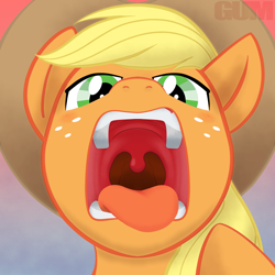 Size: 1200x1200 | Tagged: safe, artist:gum-k, imported from derpibooru, part of a set, applejack, earth pony, pony, blonde hair, esophagus, freckles, green eyes, mawshot, open mouth, oral invitation, predajack, slimy, solo, taste buds, tongue out, uvula