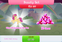 Size: 1255x847 | Tagged: safe, idw, imported from derpibooru, bon bon (g1), earth pony, pony, bundle, castle, costs real money, english, female, g1, g4, gameloft, gem, idw showified, mare, my little pony: magic princess, numbers, official, sale, solo, solo focus, text