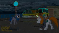 Size: 7680x4320 | Tagged: safe, artist:dddromm, imported from derpibooru, oc, oc only, oc:homage, oc:littlepip, pony, unicorn, fallout equestria, absurd resolution, bus, butt, clothes, duo, duo female, fanfic art, female, floppy ears, glowing, glowing horn, horn, jumpsuit, magic, magic aura, manehattan, mare, plot, rain, rear view, sky bandit, smiling, telekinesis, tenpony tower, unicorn oc, vault suit, wet, wet mane