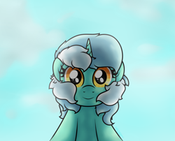 Size: 2043x1649 | Tagged: safe, artist:background basset, imported from derpibooru, lyra heartstrings, pony, unicorn, blue sky, bust, cute, looking at you, lyrabetes, solo