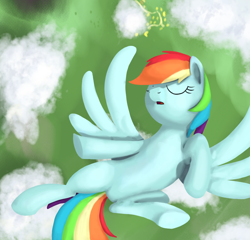 Size: 1272x1219 | Tagged: safe, artist:librarylonging, imported from derpibooru, rainbow dash, pegasus, pony, cloud, eyes closed, flying, solo, spread wings, wings