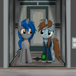 Size: 2000x2000 | Tagged: safe, artist:dddromm, imported from derpibooru, oc, oc only, oc:homage, oc:littlepip, pony, unicorn, fallout equestria, duo, duo female, elevator, fanfic art, female, high res, mare, pipbuck