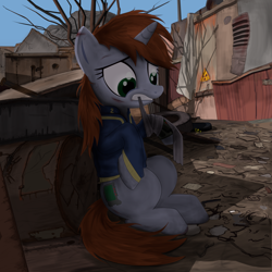 Size: 2000x2000 | Tagged: safe, artist:dddromm, imported from derpibooru, oc, oc only, oc:littlepip, pony, unicorn, fallout equestria, bandage, barrel, clothes, fallout, female, high res, injured, jumpsuit, mare, ruins, solo, tree, vault suit, wasteland