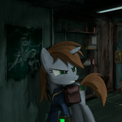 Size: 2000x2000 | Tagged: safe, artist:dddromm, imported from derpibooru, oc, oc only, oc:littlepip, pony, unicorn, fallout equestria, female, high res, mare, poster, solo, stable 24