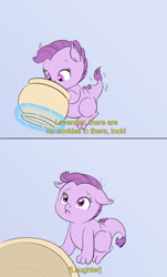 Size: 969x1603 | Tagged: safe, artist:carnifex, imported from derpibooru, oc, oc:lavender, dracony, hybrid, 2 panel comic, comic, cookie, cookie jar, cute, female, filly, floppy ears, foal, food, implied rarity, interspecies offspring, levitation, lip quiver, looking up, magic, ocbetes, offscreen character, offspring, parent:rarity, parent:spike, parents:sparity, pouting, sad, sadorable, solo, subtitles, telekinesis