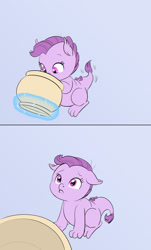 Size: 969x1603 | Tagged: safe, alternate version, artist:carnifex, imported from derpibooru, oc, oc:lavender, dracony, dragon, hybrid, 2 panel comic, comic, cookie, cookie jar, cute, female, filly, floppy ears, foal, food, implied rarity, interspecies offspring, levitation, lip quiver, looking up, magic, offscreen character, offspring, parent:rarity, parent:spike, parents:sparity, pouting, sad, sadorable, solo, telekinesis, textless version