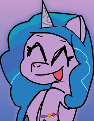 Size: 1245x1595 | Tagged: safe, artist:dewott2501, derpibooru exclusive, imported from derpibooru, izzy moonbow, pony, unicorn, :p, blue mane, female, g5, happy, mare, simple background, solo, tongue out