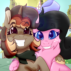 Size: 1080x1080 | Tagged: safe, artist:thatonefluffs, imported from derpibooru, oc, oc:autumn spice, oc:moonlight, earth pony, pony, unicorn, chest fluff, clothes, fluffy, freckles, looking at you, ponygram, scarf, selfie, smiling, smiling at you, unshorn fetlocks